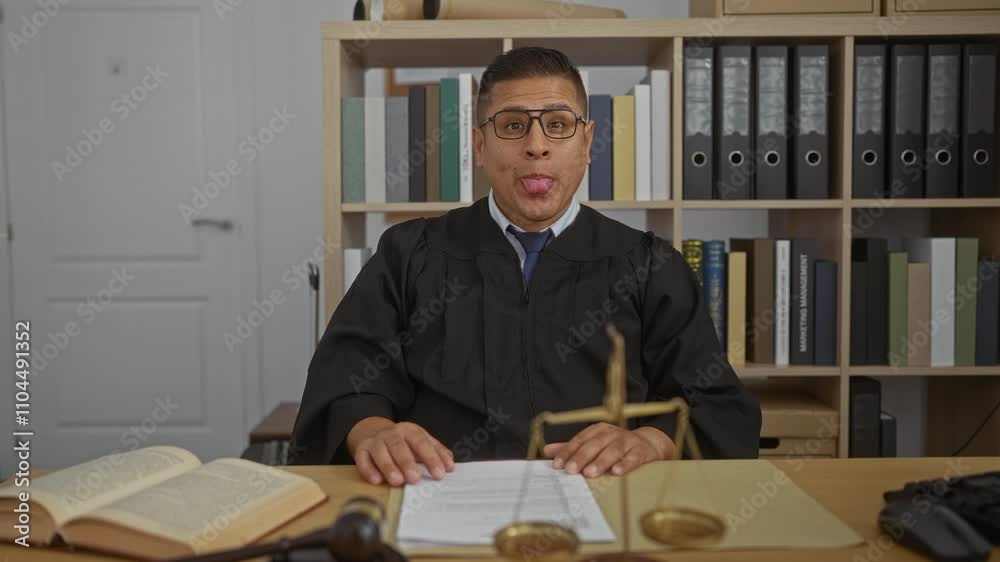 Young hispanic man in judge robe making faces in office with bookshelves Young hispanic man in judge robe making faces in office with bookshelves