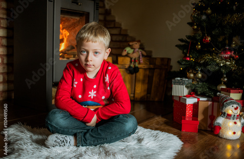 adorable little boy at home at Christmas photo