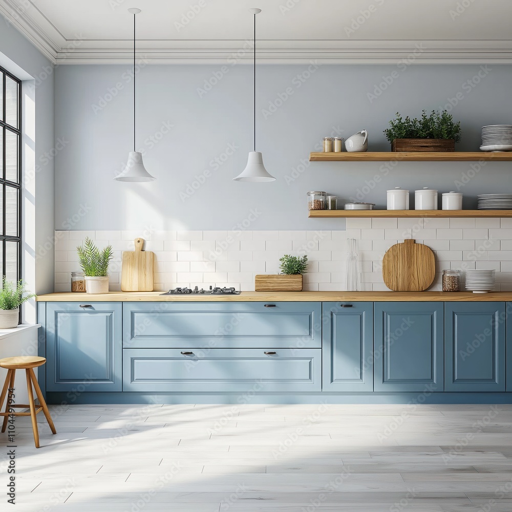 Light-filled white brick kitchen interior with stylish blue cabinets. Wooden countertop with various kitchen utensils, houseplants. Sunbeams stream through large window. Modern design with minimalist Light-filled white brick kitchen interior with stylish blue cabinets. Wooden countertop with various kitchen utensils, houseplants. Sunbeams stream through large window. Modern design with minimalist