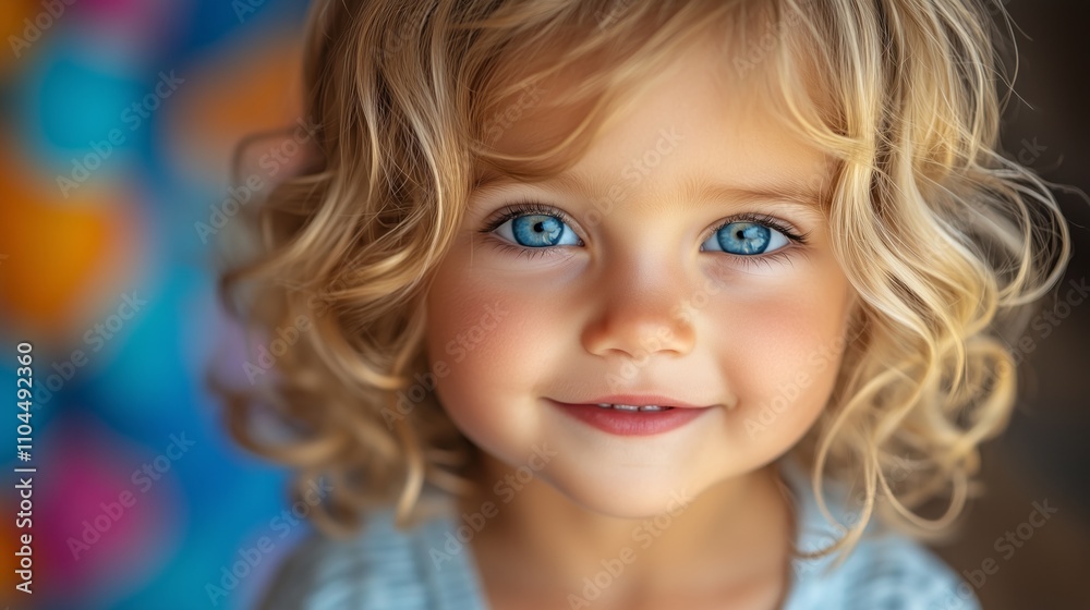 A charming child with bright blue eyes and curly blonde hair smiles against a vibrant, colorful background. A charming child with bright blue eyes and curly blonde hair smiles against a vibrant, colorful background.
