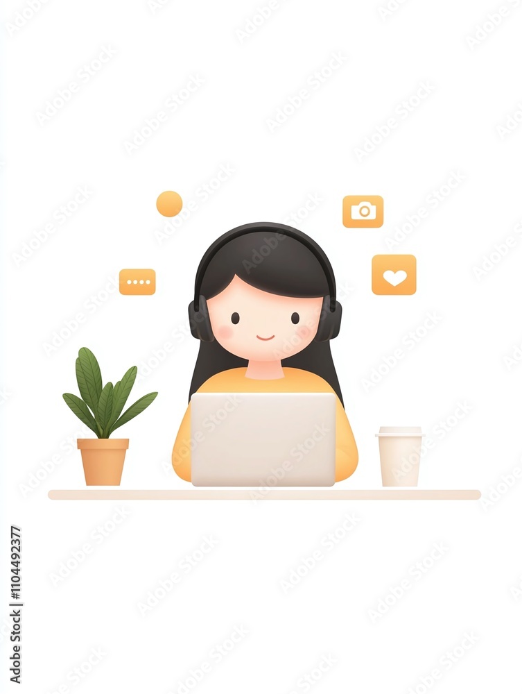 Young woman using laptop, wearing headphones, floating social media icons, indoor workspace, minimalist illustration, green plant, isolated on white background
Young woman using laptop, wearing headphones, floating social media icons, indoor workspace, minimalist illustration, green plant, isolated on white background