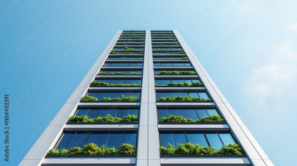 Peak energy capacity concept, A modern skyscraper with vertical gardens, featuring large glass windows against a clear blue sky. Peak energy capacity concept, A modern skyscraper with vertical gardens, featuring large glass windows against a clear blue sky.
