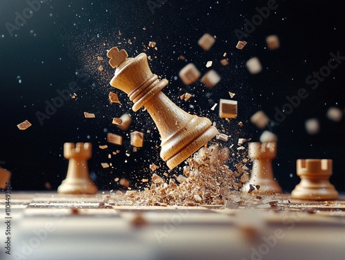 Shattering wooden chess king falling on a chessboard with scattered debris photo