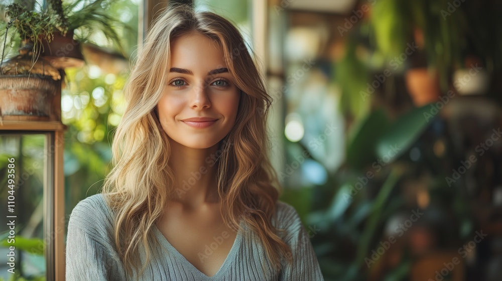 A woman smiles warmly in a sunlit room filled with plants. A woman smiles warmly in a sunlit room filled with plants.