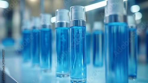 Close up of test tubes filled with blue liquid, Glass test tube filled background