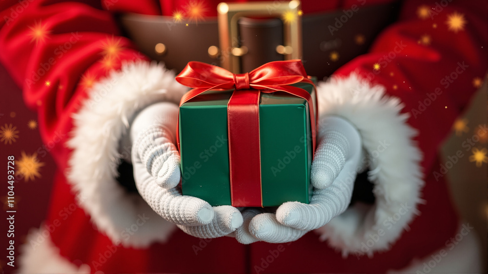 Santa Claus’ Gloved Hands Presenting a Green Gift Box Tied with Red Ribbon Against a Vibrant Red Background, Perfectly Capturing the Spirit of Christmas Celebration
Santa Claus’ Gloved Hands Presenting a Green Gift Box Tied with Red Ribbon Against a Vibrant Red Background, Perfectly Capturing the Spirit of Christmas Celebration