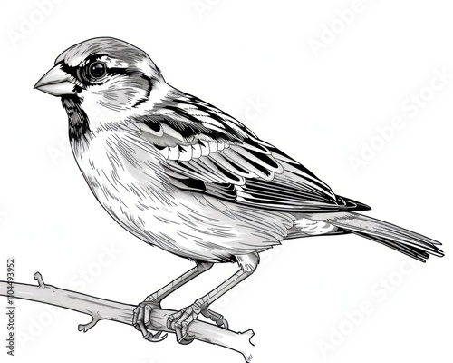 A detailed ink illustration of a sparrow perched on a branch, showcasing intricate feather patterns and features.