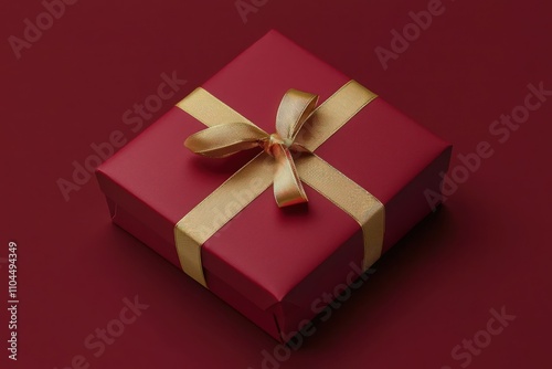 Festive red gift box mockup with golden ribbon for Christmas promotion