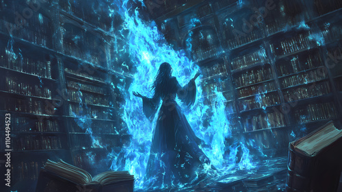 A mystical sorceress surrounded by ethereal blue flames in an ancient library full of arcane books. Arcane. Illustration