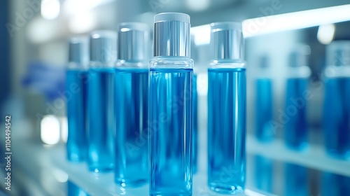 Close up of test tubes filled with blue liquid, Glass test tube filled background