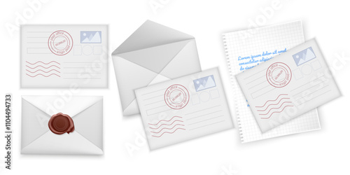 Set of white envelope and invitation Opened and closed envelope mockup on a white background