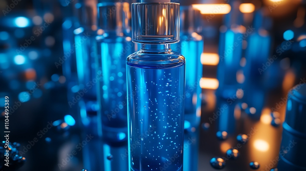 Close up of test tubes filled with blue liquid, Glass test tube filled background Close up of test tubes filled with blue liquid, Glass test tube filled background
