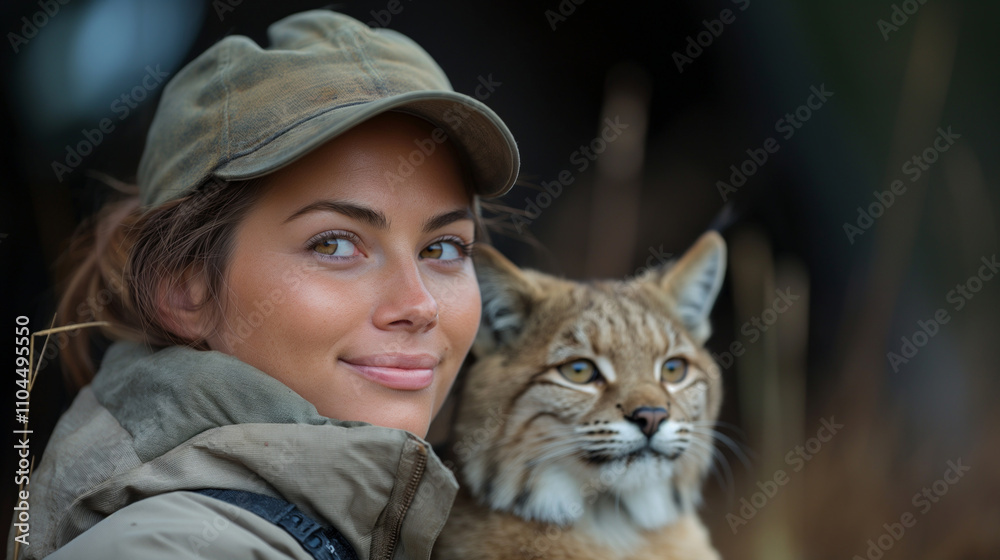 A woman in a cap smiling beside a lynx in a serene forest setting. A woman in a cap smiling beside a lynx in a serene forest setting.