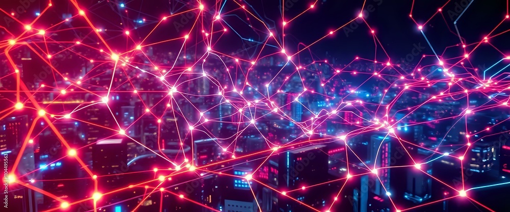 Neon Cyberpunk Cityscape - Holographic Circuit Web at Night Neon Cyberpunk Cityscape - Holographic Circuit Web at Night