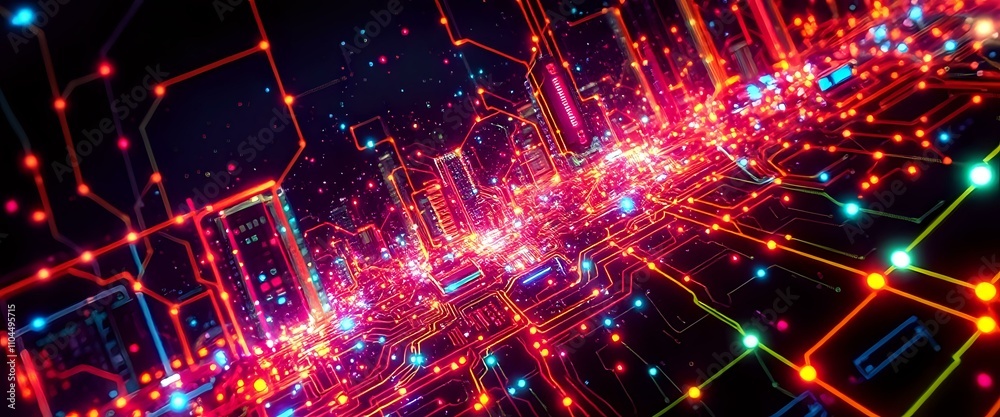 Obraz premium Cyberpunk Cityscape at Night - Neon Circuit Board Design