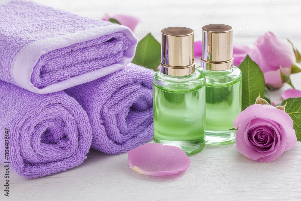 Relaxing spa setup with lavender towels, eucalyptus oil, and rose petals for a calming experience Relaxing spa setup with lavender towels, eucalyptus oil, and rose petals for a calming experience
