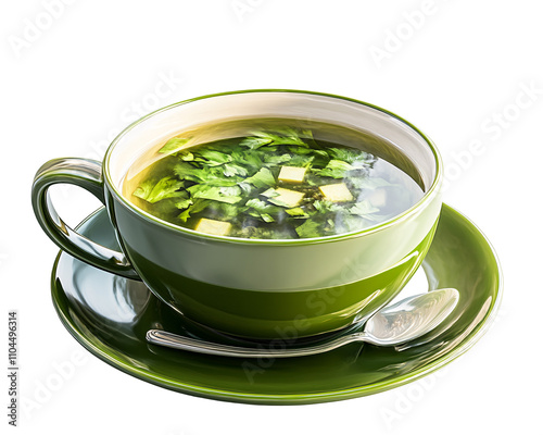 a green and white cup with soup and spoon