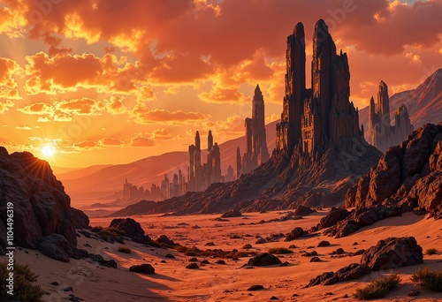 "Majestic Desert Landscape with Towering Rock Formations at Sunset"