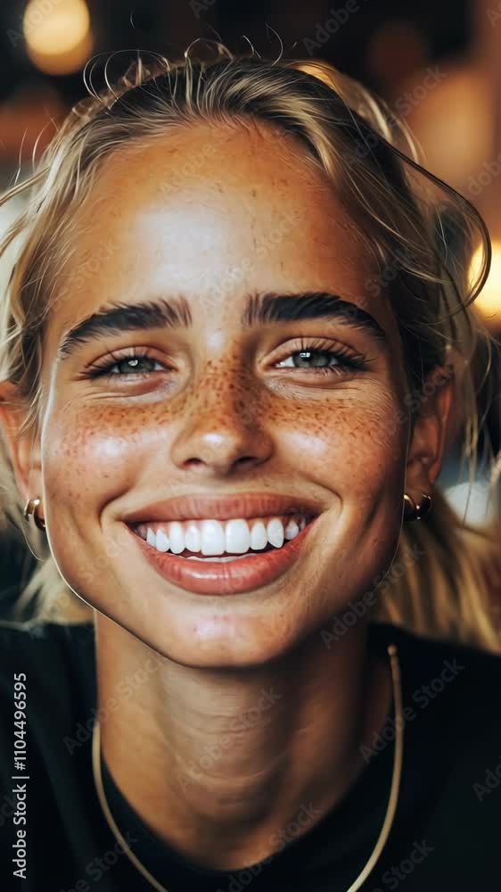 Smiling young woman with freckles enjoys a bright moment in a cozy cafe surrounded by warm lights Smiling young woman with freckles enjoys a bright moment in a cozy cafe surrounded by warm lights
