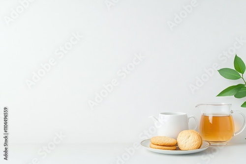 White teapot with tea pitcher and cookies, green leaves decoration, minimalist breakfast setting, soft white background, cozy and natural tea setup, copy space for text

