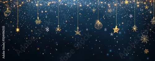 Elegant Christmas card template with hanging gold decorations and festive starry background photo