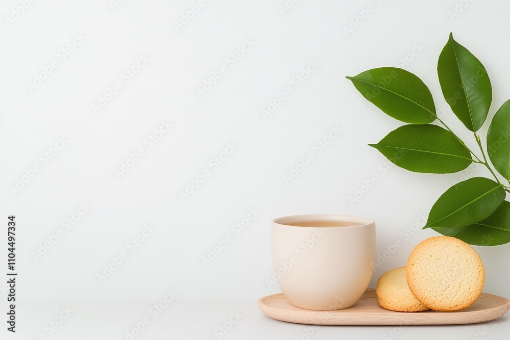 Cup of tea with cookies on a wooden tray, green leaves decoration, minimalist and elegant composition, soft white background, cozy and natural breakfast theme, copy space for text
Cup of tea with cookies on a wooden tray, green leaves decoration, minimalist and elegant composition, soft white background, cozy and natural breakfast theme, copy space for text
