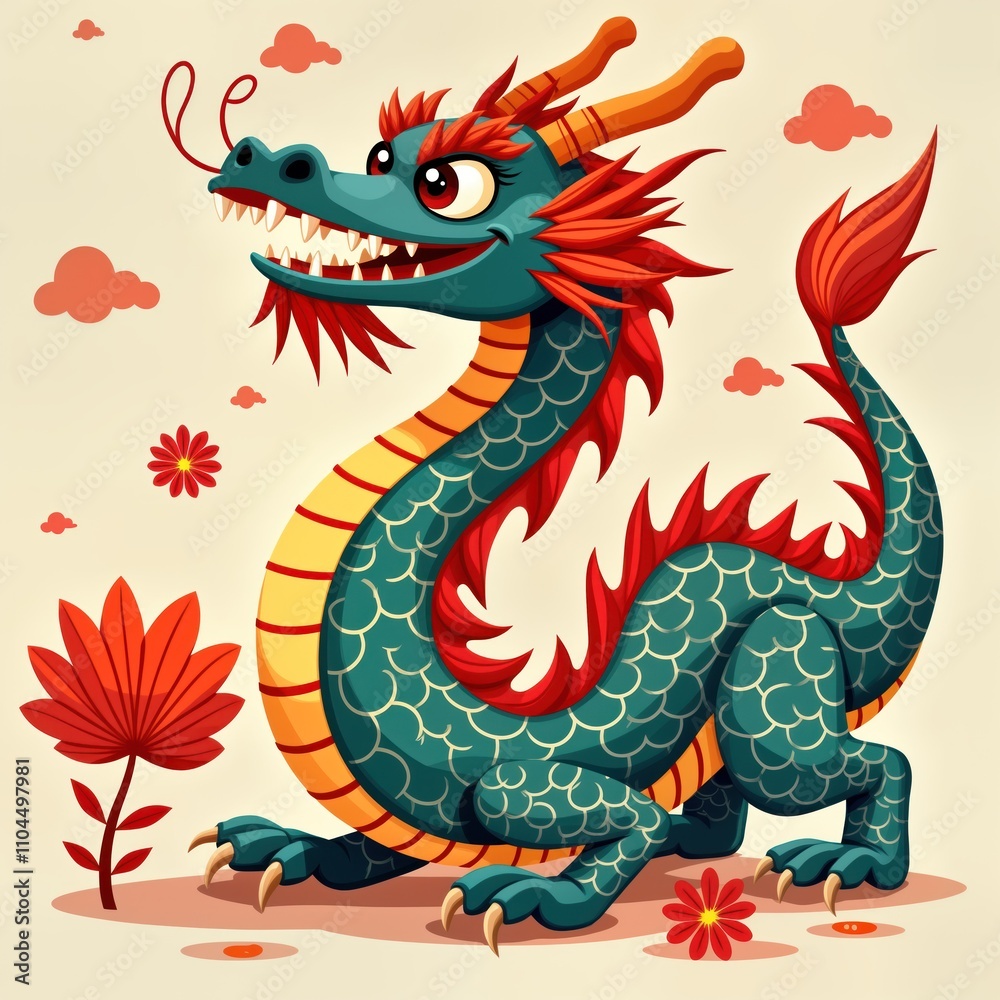 Cute cartoon Chinese dragon presented. Dragon looking up. Dragon colorful, charming. Floral elements, clouds complement design. Dragon good fortune, prosperity. Perfect image for Chinese New Year Cute cartoon Chinese dragon presented. Dragon looking up. Dragon colorful, charming. Floral elements, clouds complement design. Dragon good fortune, prosperity. Perfect image for Chinese New Year