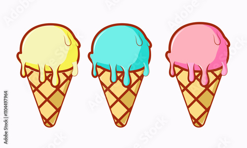 three ice creams, three ice cream cones, lemon ice cream, strawberry ice cream, mint groovy ice cream