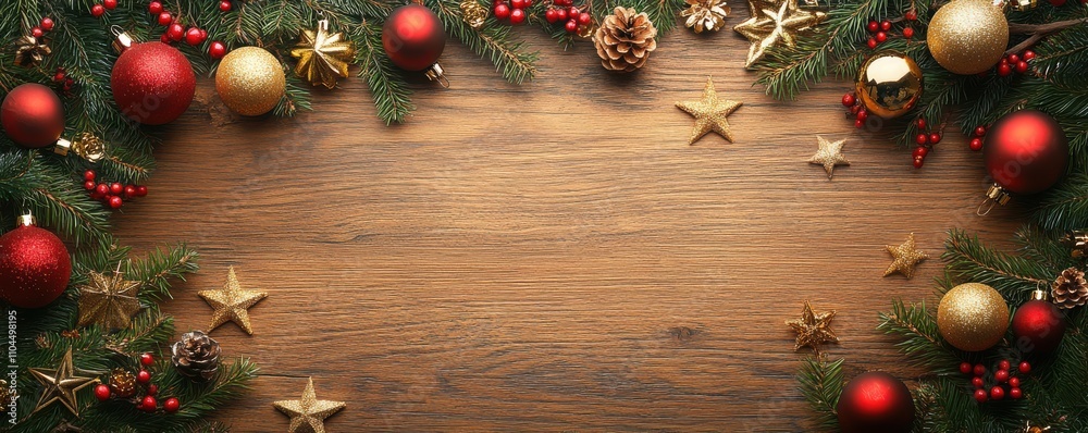 Festive Christmas garland and ornaments border on a wooden background celebrating the holiday season with red and gold decorations Festive Christmas garland and ornaments border on a wooden background celebrating the holiday season with red and gold decorations