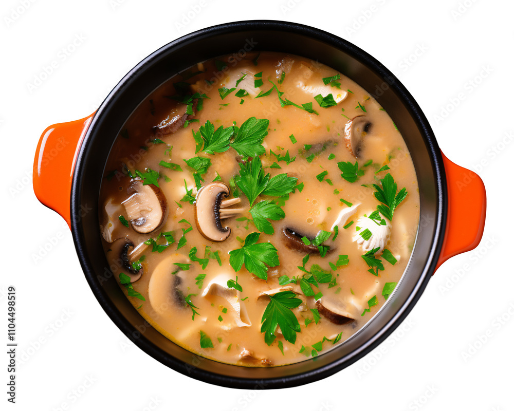 a bowl of soup with mushrooms and parsley