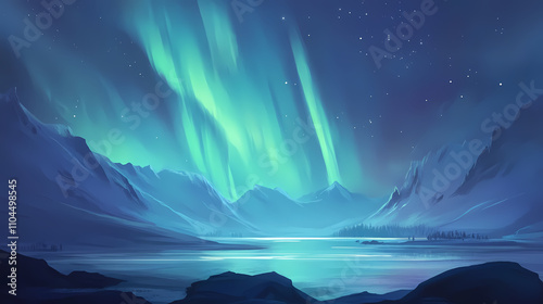 Northern lights aurora borealis over beautiful lake landscape. Aurora. Illustration