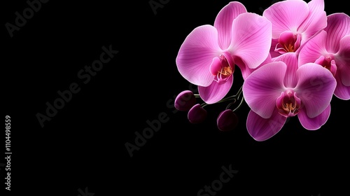 Elegant blue and pink orchid blossoms set against a striking black backdrop, highlighting vivid tropical beauty with meticulous detail.