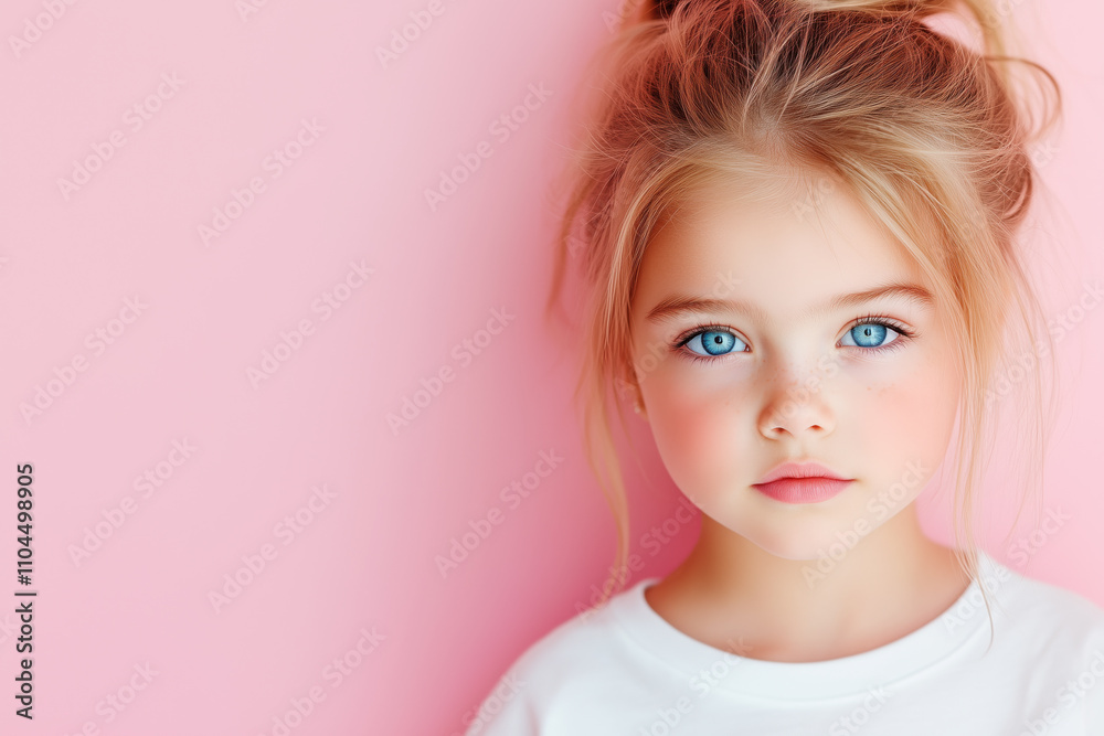 Portrait of Cute Smiling Child Girl Over Pastel Pink Background with Copy Space Portrait of Cute Smiling Child Girl Over Pastel Pink Background with Copy Space