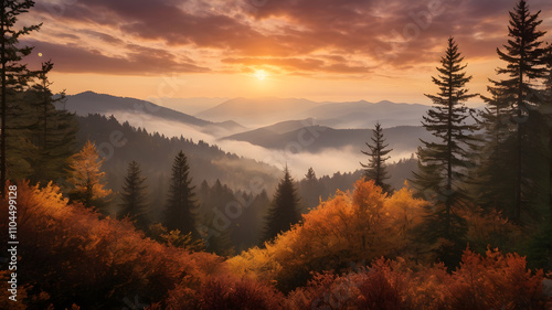 Sunrise Over Misty Autumn Mountains