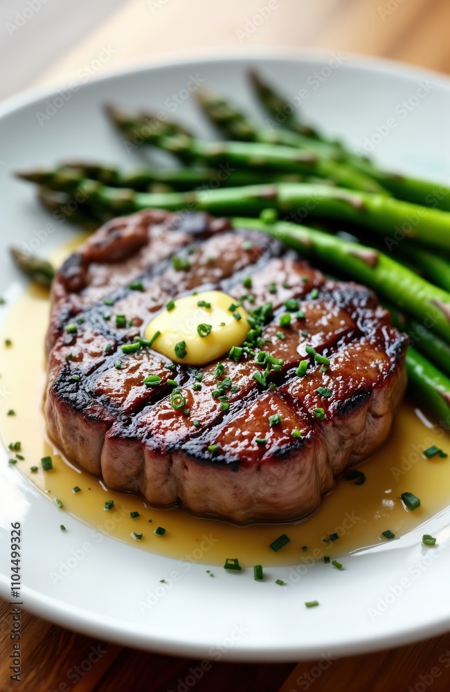 Delicious grilled steak medium rare served with asparagus on white plate. Tender juicy steak with flavorful sear. Butter, herbs enhance savory taste. Perfect meal for dinner occasion. Restaurant Delicious grilled steak medium rare served with asparagus on white plate. Tender juicy steak with flavorful sear. Butter, herbs enhance savory taste. Perfect meal for dinner occasion. Restaurant