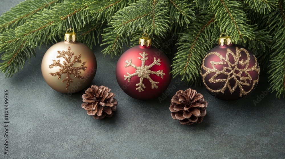 A Christmas tree, decorated with golden and red ornaments, exudes warmth and cheer against a vibrant green background. A Christmas tree, decorated with golden and red ornaments, exudes warmth and cheer against a vibrant green background.