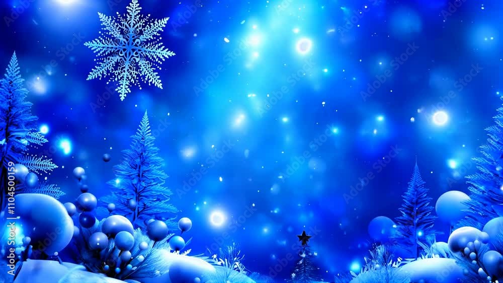 Snow falling over blue christmas landscape with snowflakes