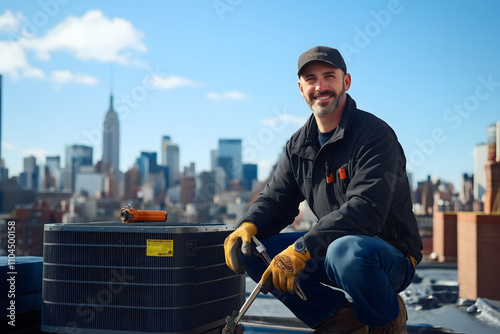 Hvac technician installing or repairing an air conditioning unit on a rooftop with the new york city skyline in the background