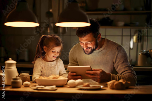 Father and daughter sharing a moment using digital tablet during breakfast in cozy kitchen illuminated by warm lamp light