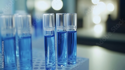 Close up of test tubes filled with blue liquid, Glass test tube filled background