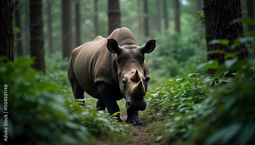 Rare Javan rhino walks through dense forest. Endangered species in Indonesia. Wildlife photo captures unique animal in habitat. Conservation theme. Wild mammal exploration. Nature in Java. Protecting Rare Javan rhino walks through dense forest. Endangered species in Indonesia. Wildlife photo captures unique animal in habitat. Conservation theme. Wild mammal exploration. Nature in Java. Protecting