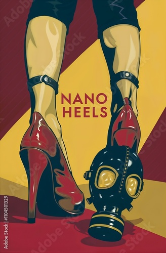 A person in red high heels stands against a red and yellow striped background. Bold red letters spell 'NANO HEELS'. A gas mask lies on the ground. photo