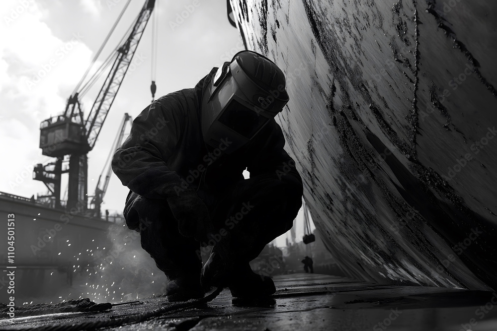 Fototapeta premium Welder wearing protective gear working on large ship hull in shipyard, with cranes and industrial equipment in background