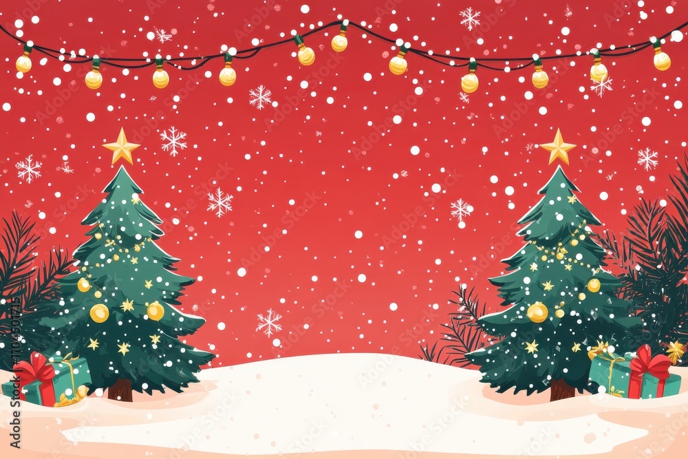 Festive Christmas scene with decorated trees and snowflakes on a red background Festive Christmas scene with decorated trees and snowflakes on a red background