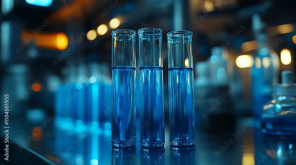 Close up of test tubes filled with blue liquid, Glass test tube filled background Close up of test tubes filled with blue liquid, Glass test tube filled background