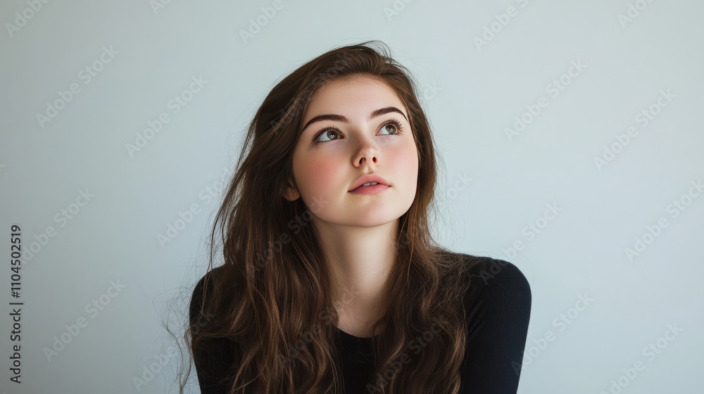 Lady muses against white backdrop. Lady muses against white backdrop.