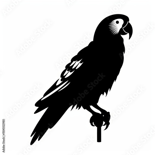 Silhouette of a majestic parrot perched gracefully, showcasing its distinctive features against a white background. photo