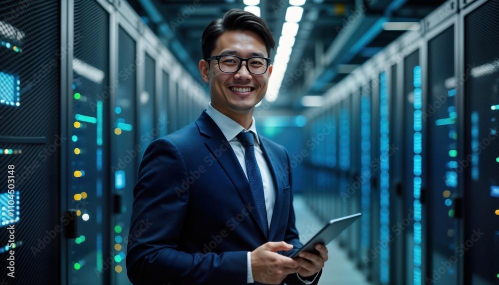Fototapeta premium Asian tech specialist in suit holds tablet in server room. Modern server racks background. Expert manages data cloud protection in cyber security concept. Pro portrait of system engineer. AI
