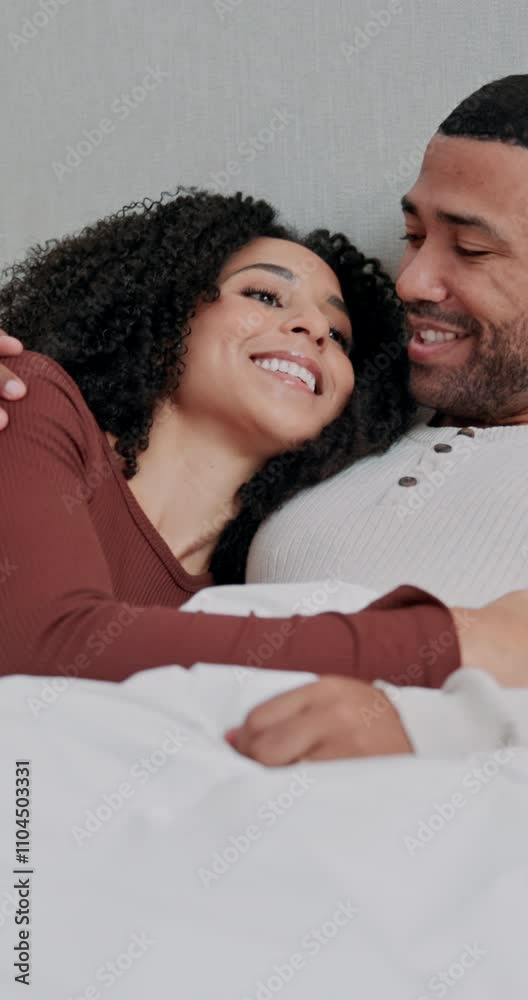 Romance, morning and couple hug in bed with smile, conversation and happy for bonding together. Love, man and woman in bedroom with affection, talk and comfort in home to relax for weekend break Romance, morning and couple hug in bed with smile, conversation and happy for bonding together. Love, man and woman in bedroom with affection, talk and comfort in home to relax for weekend break