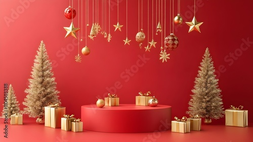 Festive Christmas decoration with a red podium in the center. Some stars and golden ornaments hang from the ceiling, the background is a deep red color